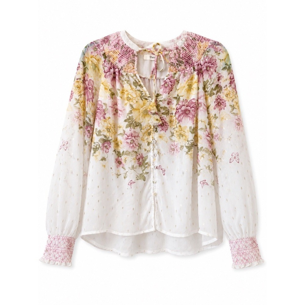 Haver Blair Womens Floral‎ Smocked Blouse Top White Pink Long Sleeve XS
